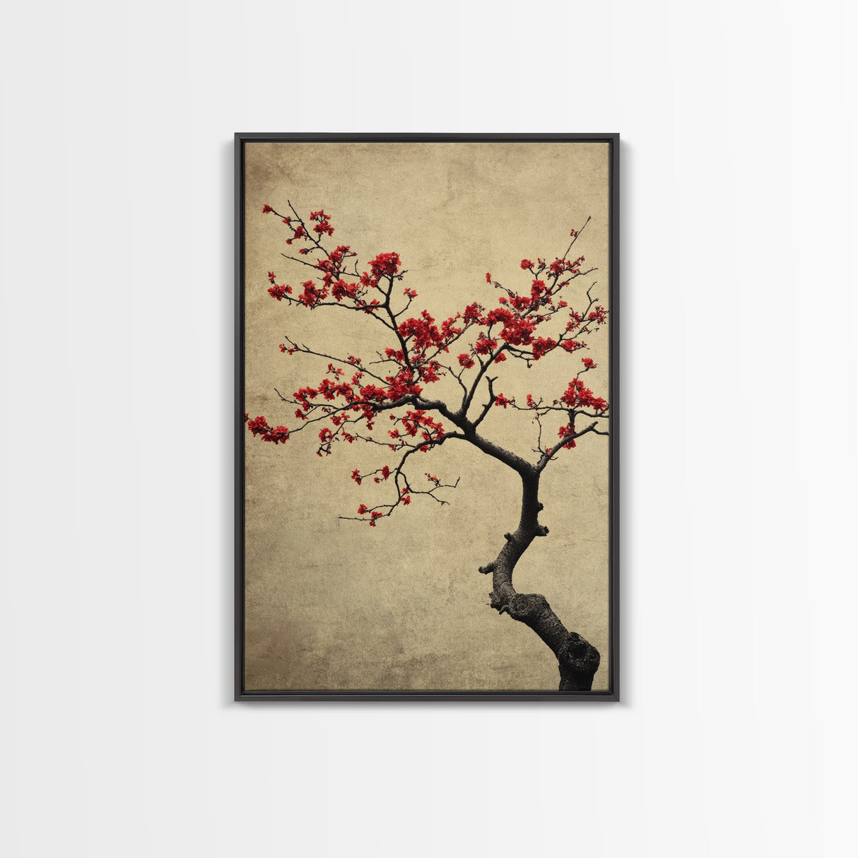 Japanese Maple Tree in Spring, Framed Canvas Print, Cherry Blossoms Painting, Wood Framed Living Room Art, Minimalist Decor