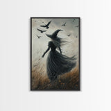 The Witch and her Ravens, Framed Canvas print, Spooky Season Halloween Wall Art, Gothic Home Decor, Witch Wall Art, Halloween Art