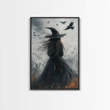 The Witch and her Crows, Framed Canvas print, Spooky Season Halloween Wall Art, Gothic Home Decor, Witch Wall Art, Halloween Art