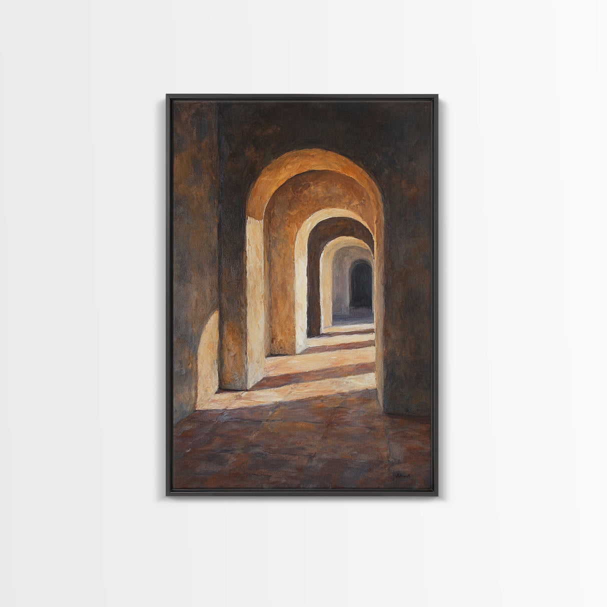 Sunlight Peaks Through the Pillars, Framed Canvas Print, Moroccan Style Wall Art, Moroccan Painting, Paint of Morocco