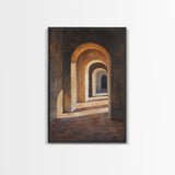 Sunlight Peaks Through the Pillars, Framed Canvas Print, Moroccan Style Wall Art, Moroccan Painting, Paint of Morocco