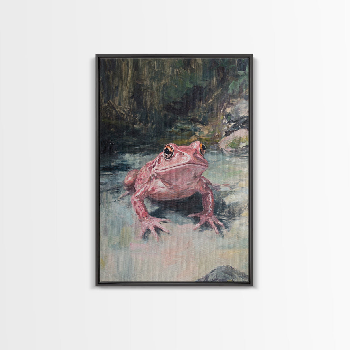 Painting of a Pink Frog, Framed Canvas Print, Wood Framed Wall Art, Home Decor, Preppy Pink Frog Wall Art, Dark Academia Decor