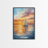 Oil Painting Print of a Sailboat At Sunset, Framed Canvas Print, Nautical Decor, Nautical Nursery, Nautical Wall Art, Beach House or Lakehouse Art