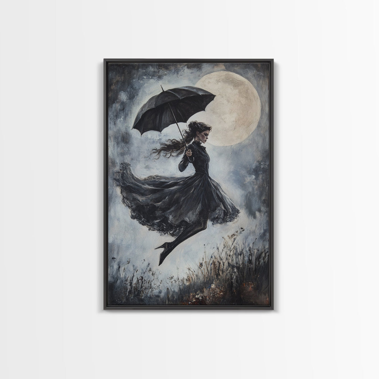 Witch Flying with an Umbrella, Framed Canvas Print, Witchy Decor, Halloween Wall Art, Goth Art, Dark Academia