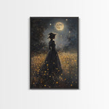 Witch Under a Full Moon Framed Canvas Print, Vintage Art Prints, Dark Academia, Witchy Gifts, Halloween Prints, Gothic Wall Art