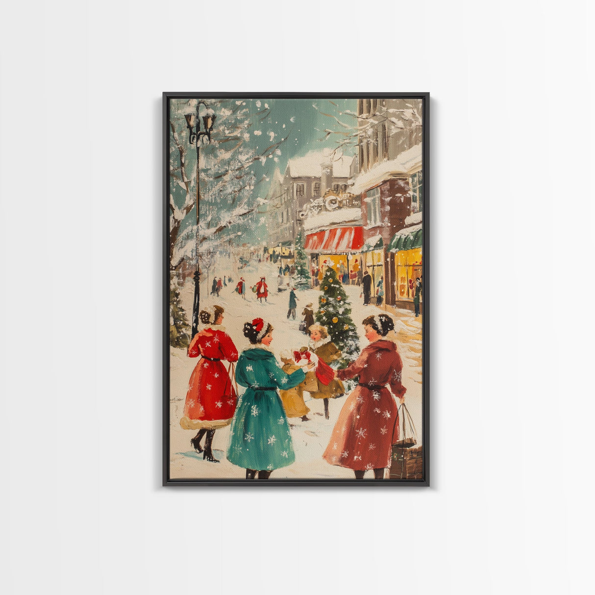 Winter Wall Art Christmas Canvas Print - 1950s Style Post Card Art - Christmas Decor - Christmas Shoppers In The Streets - Christmas Village Art