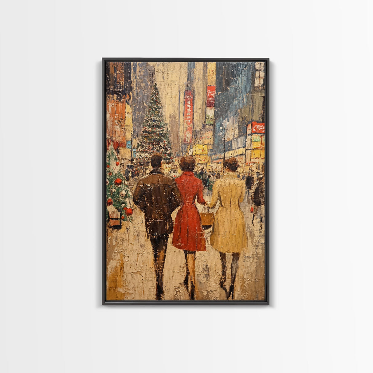 Retro Christmas Town Scene with Shoppers Walking The Streets, Framed Canvas print, Holiday Street Decor, Framed Canvas Winter Wall Art