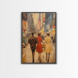 Retro Christmas Town Scene with Shoppers Walking The Streets, Framed Canvas print, Holiday Street Decor, Framed Canvas Winter Wall Art