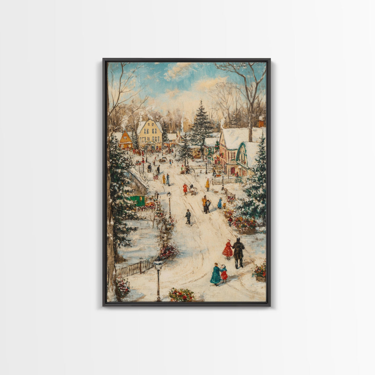 Christmas Village Mantle Painting, Christmas Mantle Wall Art, Framed Canvas Print, Retro Christmas, Vintage Christmas Painting Wall Art