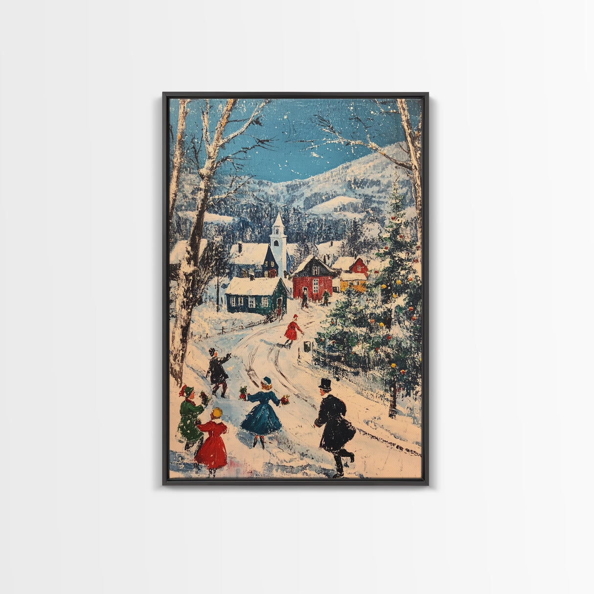 Ice Skating in The Streets on Christmas Morning Framed Canvas Print - Retro Christmas Village Wall Art - Christmas Above Mantle Centerpiece Art