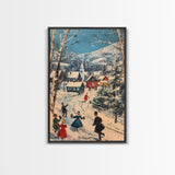 Ice Skating in The Streets on Christmas Morning Framed Canvas Print - Retro Christmas Village Wall Art - Christmas Above Mantle Centerpiece Art