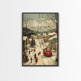 Vintage Christmas Trolley Painting Print, Framed Canvas Art, Christmas Village Wall Art