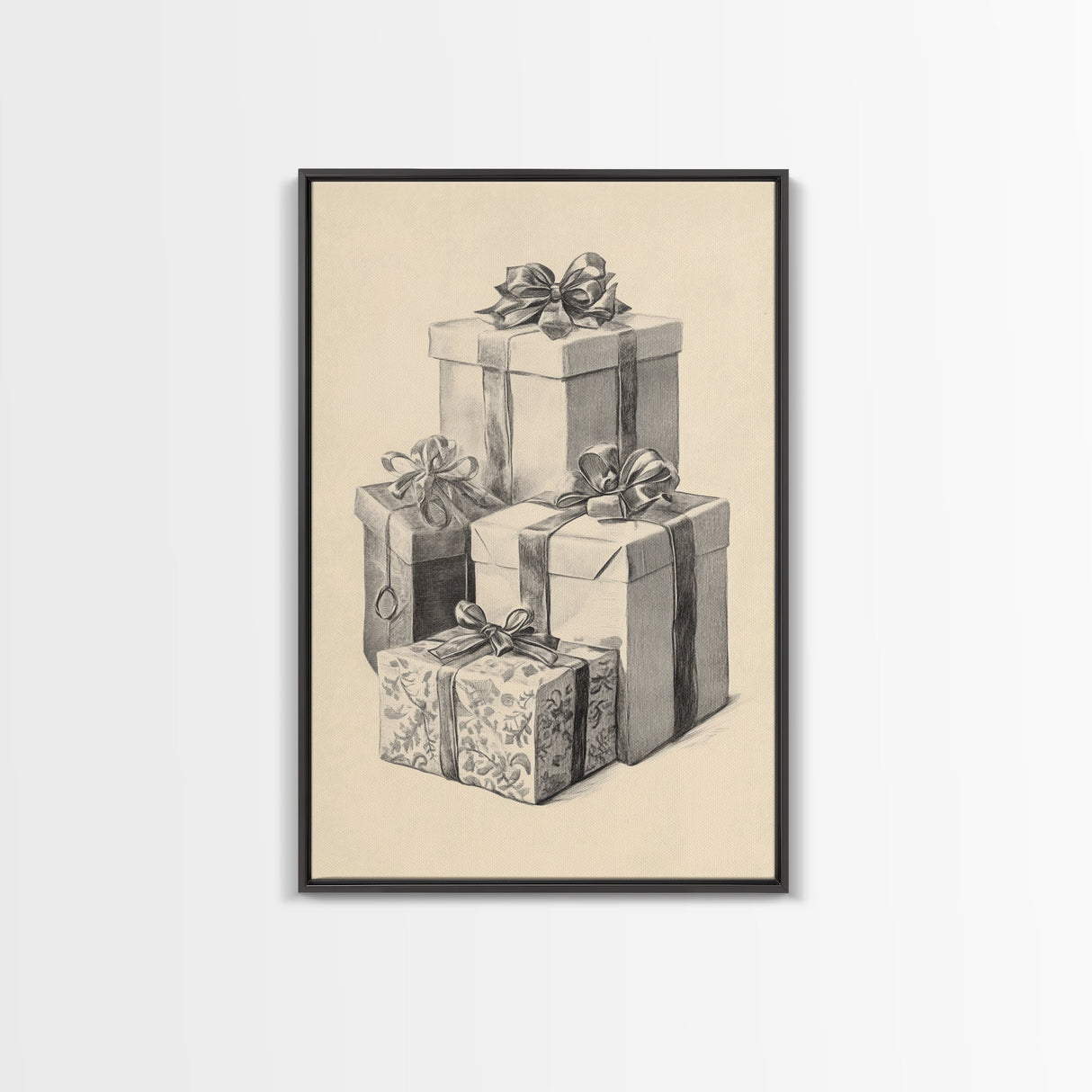 Drawing of Christmas Gifts Canvas Print - Framed Canvas - Minimalist Christmas Art - Boho Christmas Art - Rustic Christmas Art