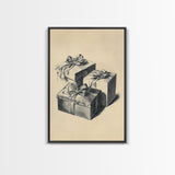 Retro Sketch of Christmas Gifts Canvas Print - Framed Canvas - Minimalist Christmas Art - Boho Christmas Art - Rustic Christmas Art