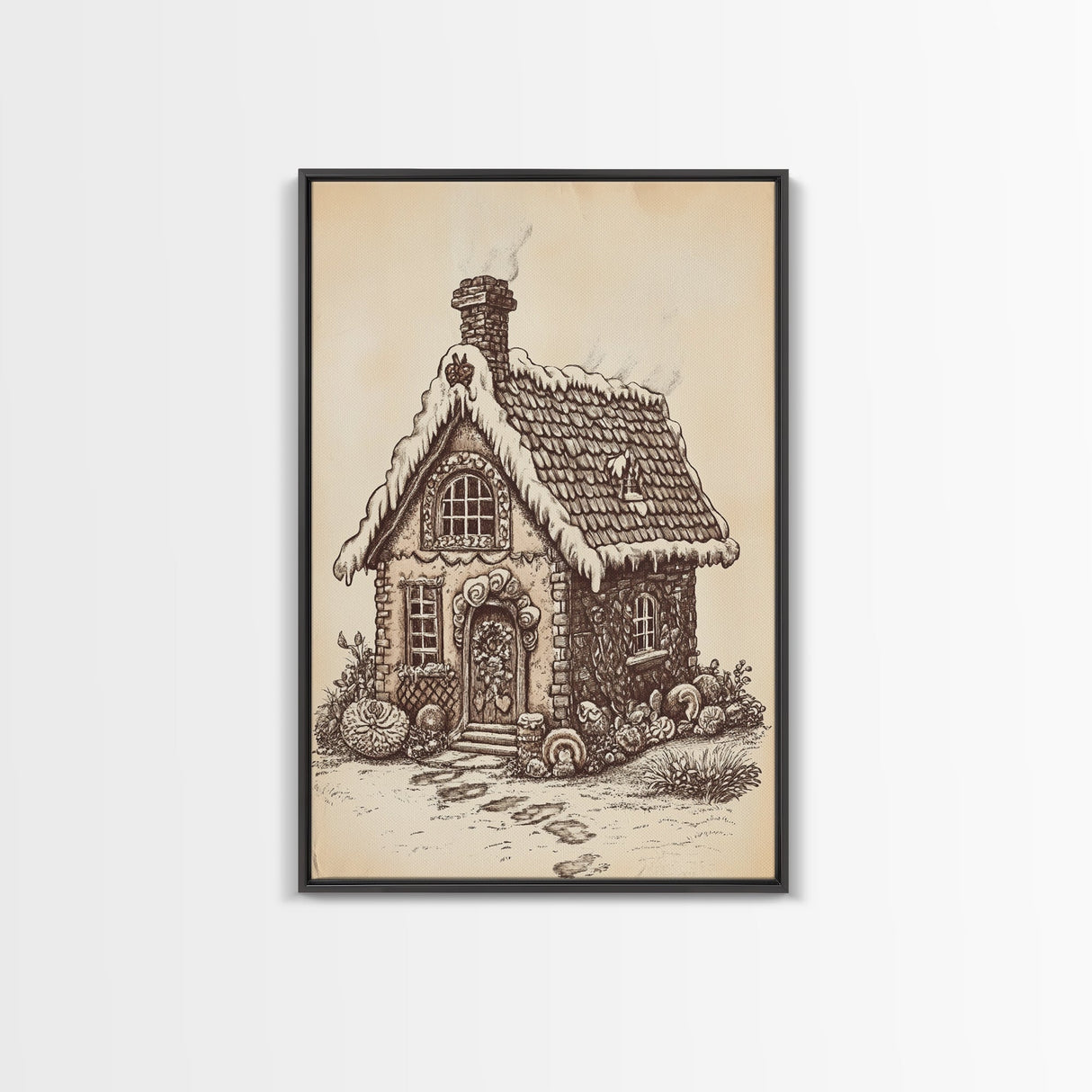 Ginger Bread House Canvas Print - Framed Canvas - Minimalist Christmas Art - Boho Christmas Art - Rustic Christmas Art