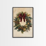 Vintage Christmas Wreath Canvas Print - Framed Canvas - Minimalist Christmas Art - Boho Christmas Art - Rustic Christmas Art