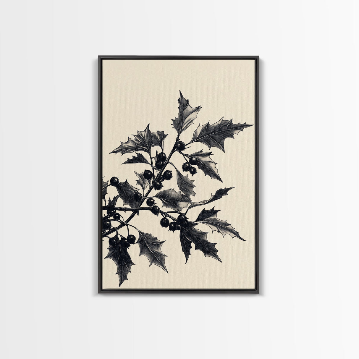 Vintage Holly Branch Canvas Print - Framed Canvas - Minimalist Christmas Art - Boho Christmas Art - Rustic Christmas Art