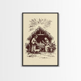 Retro Nativity Scene Canvas Print - Framed Canvas - Minimalist Christmas Art - Boho Christmas Art - Rustic Christmas Art