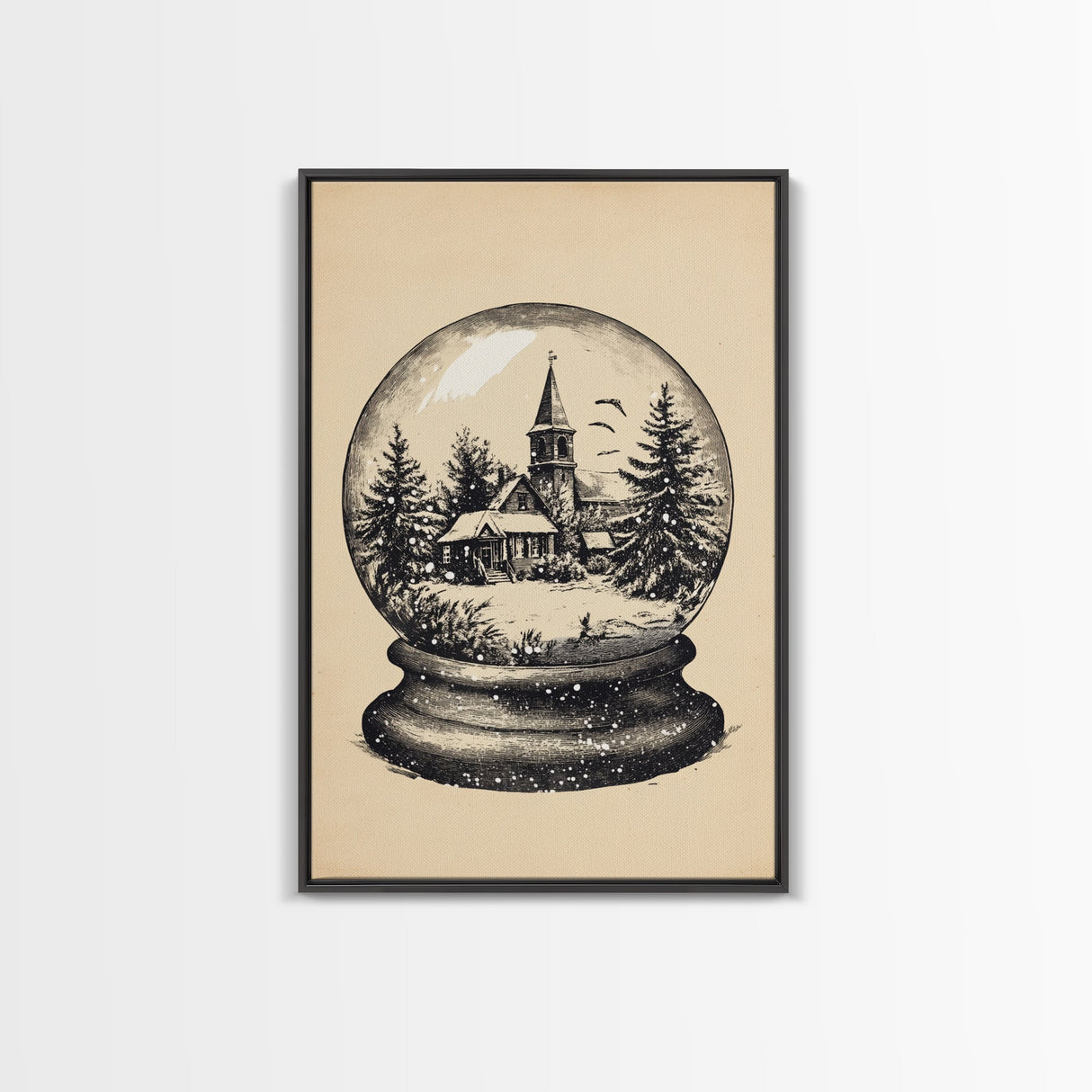 Retro Christmas Snowglobe Canvas Print - Framed Canvas - Minimalist Christmas Art - Boho Christmas Art - Rustic Christmas Art