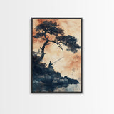 Japanese Fisherman Under a Bonzai Tree, Wabi Sabi Minimalist Decoe, Framed Canvas Print, Fishing Art, Fisherman Gift