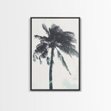 Palm Tree In The Wind, Framed Canvas Print, Wabi Sabi Watercolor Painting of a Palm Tree, Statement Piece Art