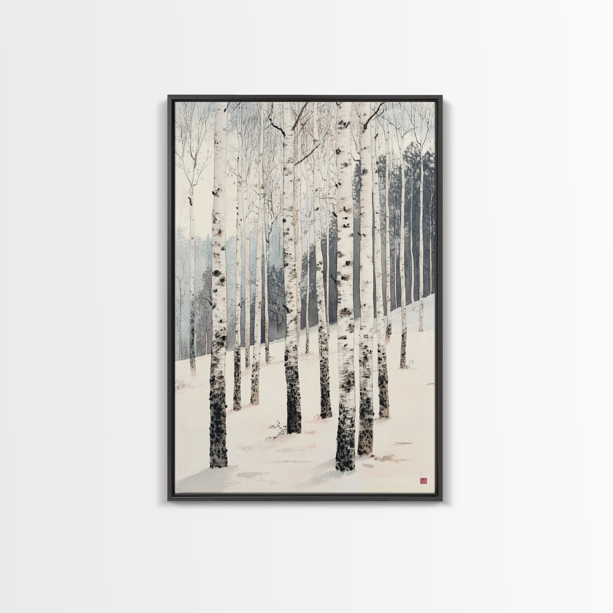 Winter Birch Tree Forest Framed Canvas Print, White Birch Trees In Winter Forest Landscape Art Print Minimalist Living Room Nature Wall Art