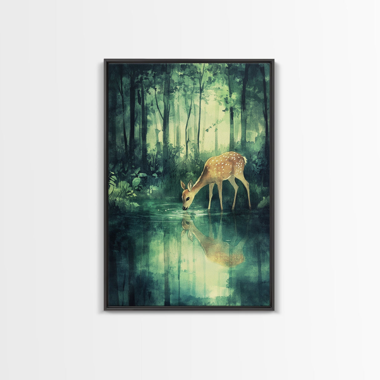 Young Deer Drinking Water In The Forest Painting Print, Wood Framed Canvas, Animal Prints, Nursery Decor, Framed Wall Art Home Decor