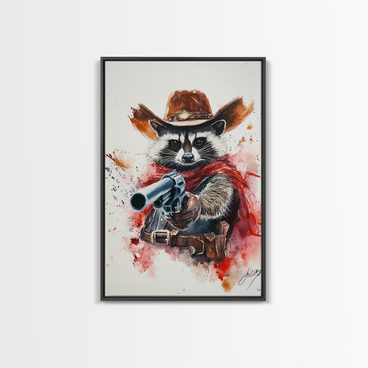 Wild West Racoon Cowboy Watercolor Painting Print, Rustic Home Decor, Framed Canvas Ready To Hang