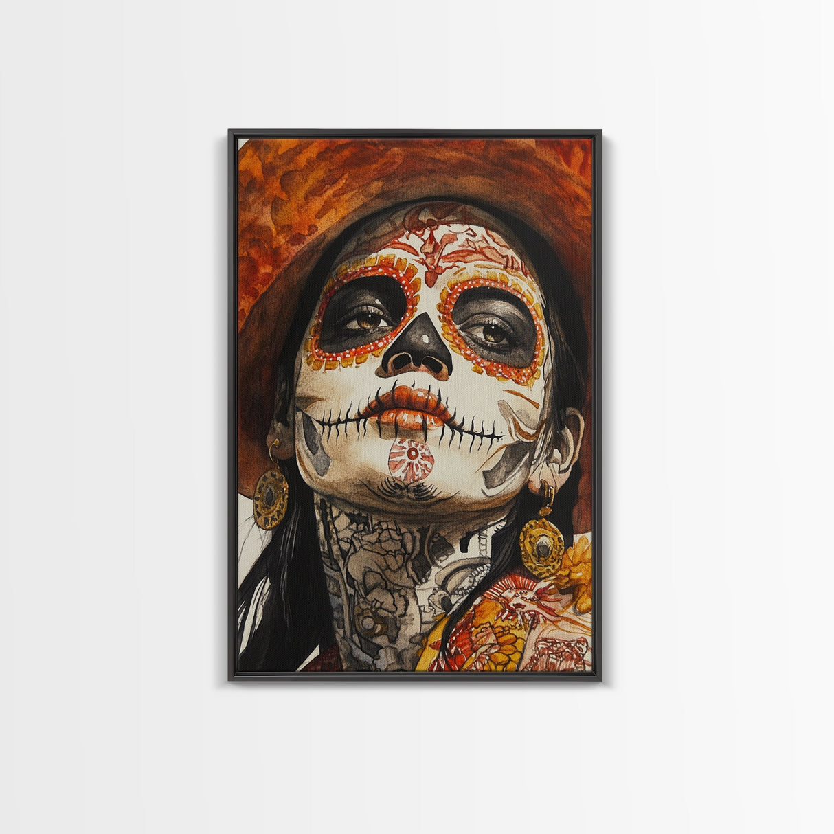 Day Of The Dead Portrait Framed Canvas Print, Chicano / Mexicano Wall Art, Home Decor, Chicano Wall Art, Chicano Painting