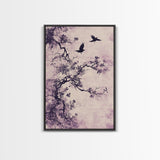 Wabi Sabi Floral Print Framed Canvas Art, Minimalist Home Decor, Purple trees with Crows, Purple Art, Boho Style Modern Art