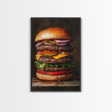 The Burg' Canvas Print, Retro Still Life Oil Painting Of a Hamburger, Canvas Print, Kitchen Decor, Dining Room Art, Funny Wall Art