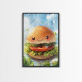 Kawaii Hamburger Canvas Print, Cute Hamburger Painting, Kitchen Decor, Kawaii Wall Art, Veggie Burger Painting