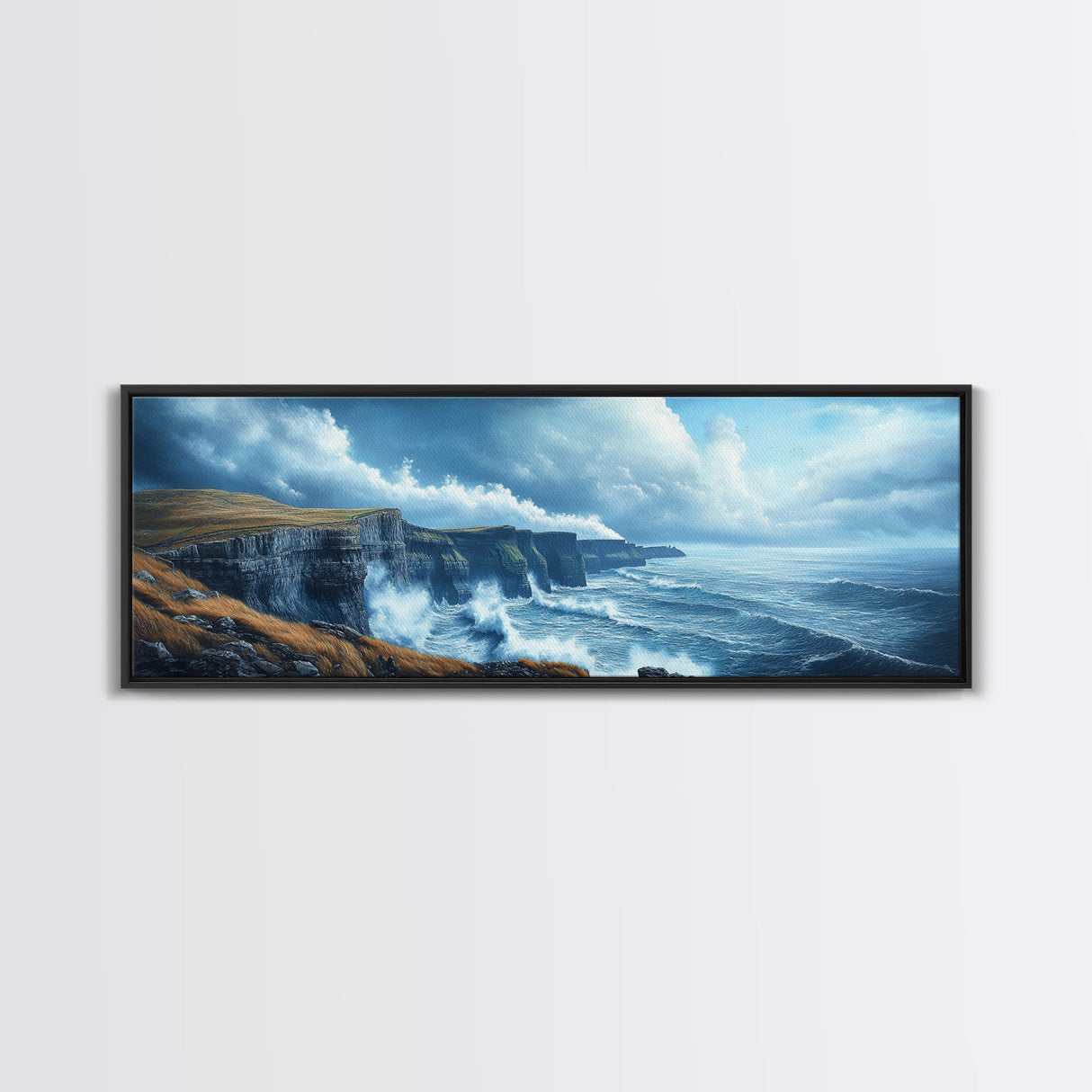 Cliffs of Moher Framed Canvas Print, Ready To Hang Ireland Painting, Irish Art, Ireland Wall Art, Horizontal Extra Large Wall Art
