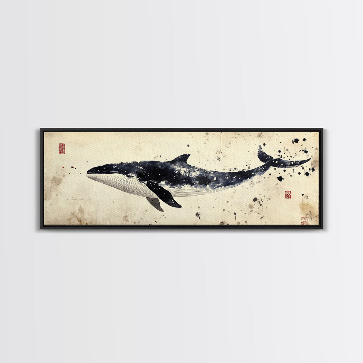 Whale Art Wabi Sabi Panoramic Oil Painting Print, Japanese Style Wall Art - Whale Decor - Whale Art Print - Living Room Decor - Minimalist