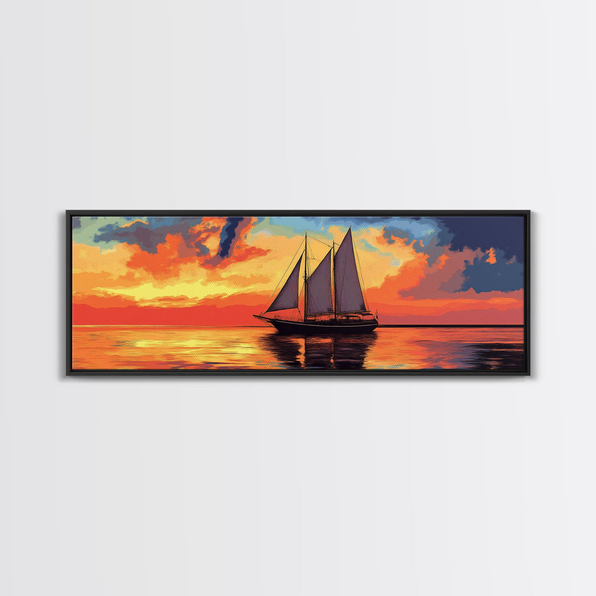 Pirate Ship at Sunset Framed Canvas Print - Panoramic Wall Art - Sailboat Painting - Sail Boat Art - Nautical Decor - Lake House Art