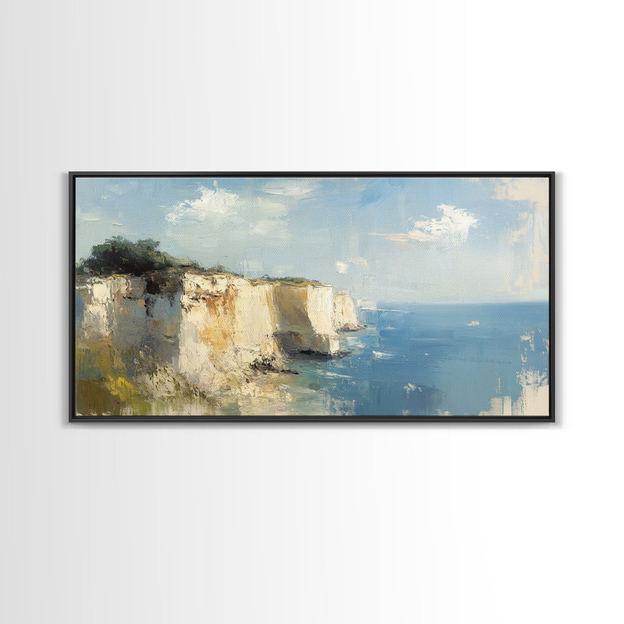 White Cliffs of Dover Framed Canvas Print, England Landscape Painting, Whimsical Wall Art, Light and Airy Eclectic Home Decor, Room Brightening
