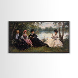 Victorian Women Having a Summer Party on the River, Framed Canvas Print, Victorian Summr Day Oil Painting Print, Whimsical Wall Art