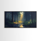 Sun Shines Through The Forest Trees, Framed Canvas Print, Fantasy Landscape Painting, Forest Landscape Oil Painting Print, Living Room Decor
