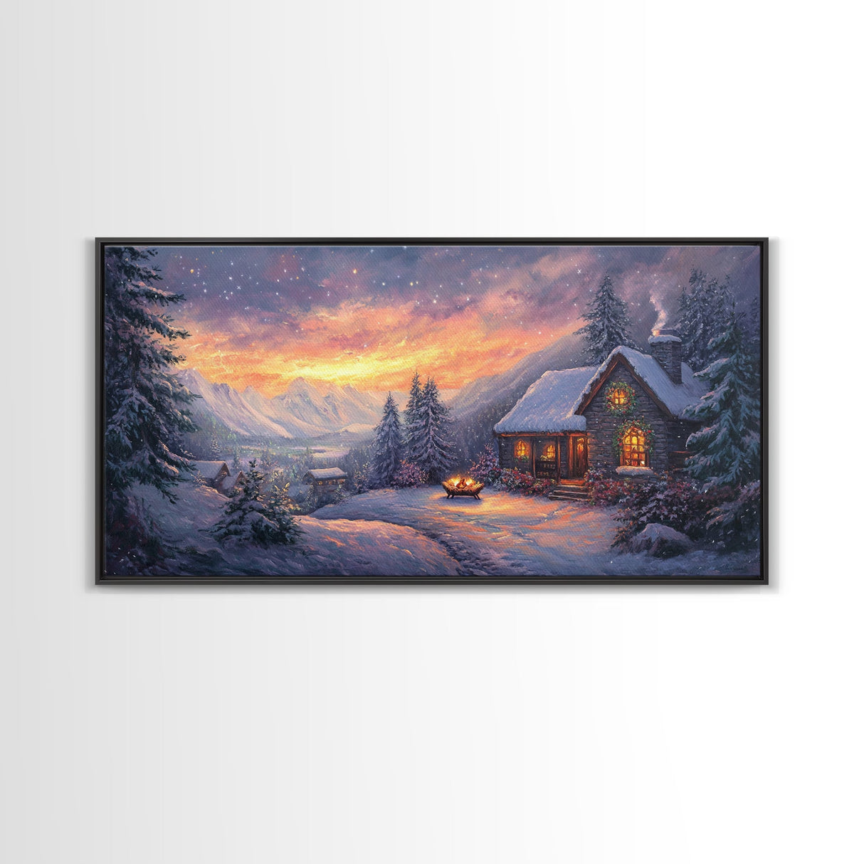 Snow Falls In The Mountains at Sunset, Framed Canvas Print, Retro Christmas Wall Art, Winter Not Christmas Wall Art, Winter Wall Art