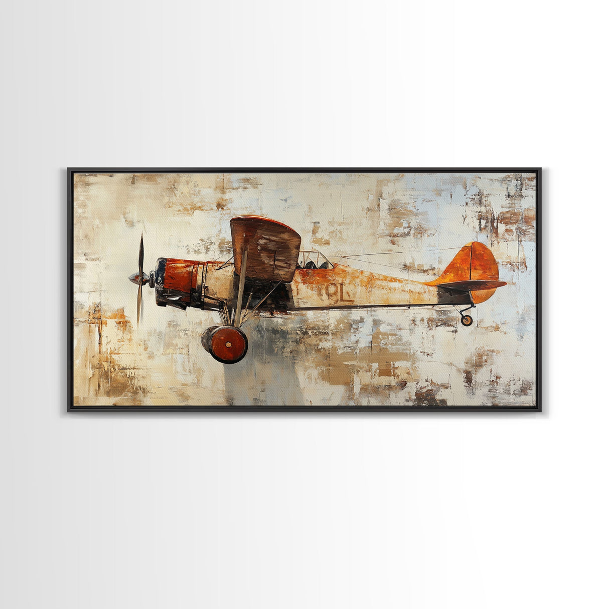 Retro 1920s Airplane In Flight Framed Canvas Print, Airplane Painting, Biplane Painting, Office Decor, Office Wall Art