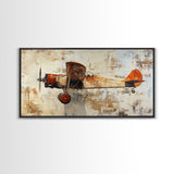 Retro 1920s Airplane In Flight Framed Canvas Print, Airplane Painting, Biplane Painting, Office Decor, Office Wall Art