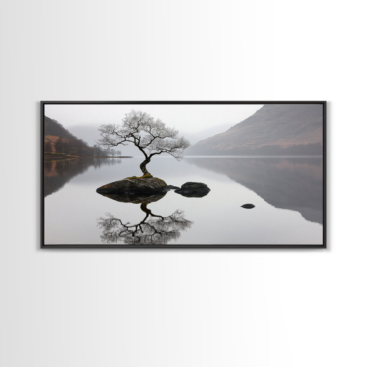 Lone Bonzai Tree On an Island Framed Canvas Print - Ready To Hang Wall Art - Wabi Sabi Landscape Painting - Japanese Style Wall Art