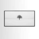 Footprints In the Snow Lead To a Lone Dead Tree - Framed Canvas Print - Ready To Hang Art - Moody Wall Art - Black and White Photography Print