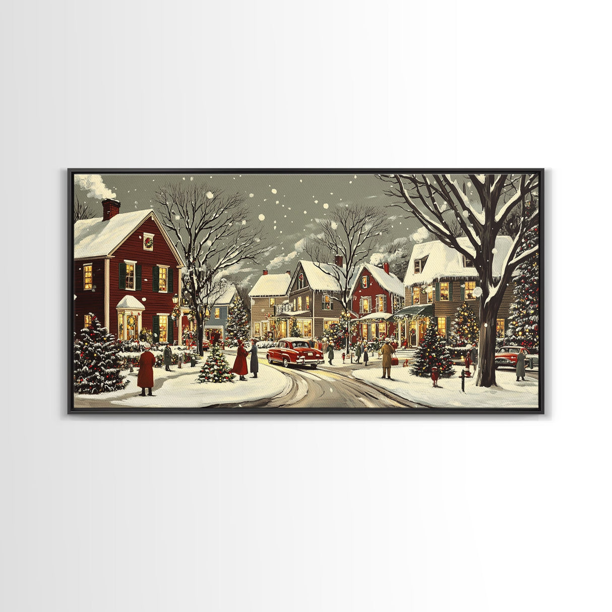 1950s Christmas Village Oil Painting on Canvas Print, Christmas home Decor, Christmas Painting, Christmas Wall Art