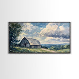 Rustic Old Barn Painting Framed Canvas Print Panoramic Rural Landscape Primitive Art Farmhouse Home Decor Barn Wall Art Ready To Hang