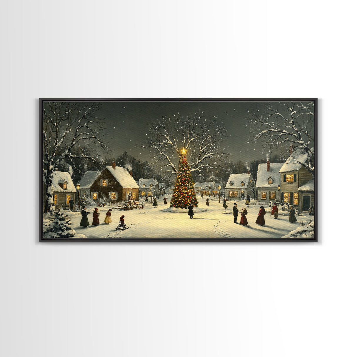 Festive Christmas Village Wall Art Framed Canvas Print, Festive Christmas Street Scene, Cozy Christmas Wall Art, Ready To Hang Xmas Decor