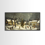 Bustling Christmas Street Scene Oil Painting Canvas Print, Snowy Holiday Night, Festive Victorian Christmas Village Oil Painting, Christmas Decor
