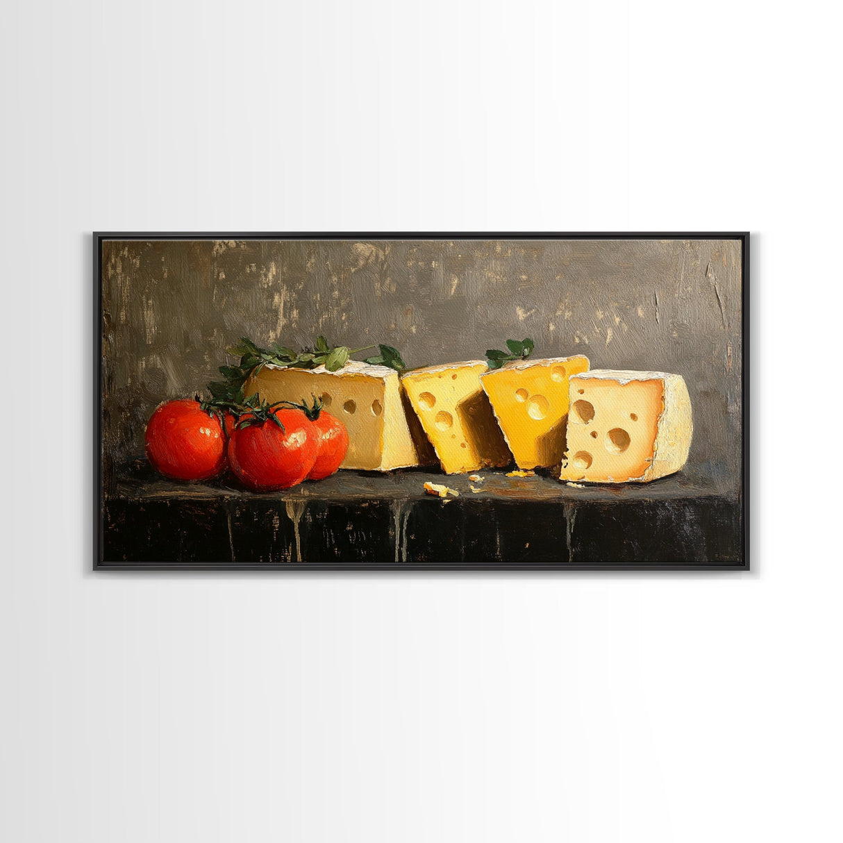 Still Life of Tomatoes and Cheese - Framed Canvas Print - Kitchen Wall Art - Kitsch Home Decor - Food Oil Painting Wall Art