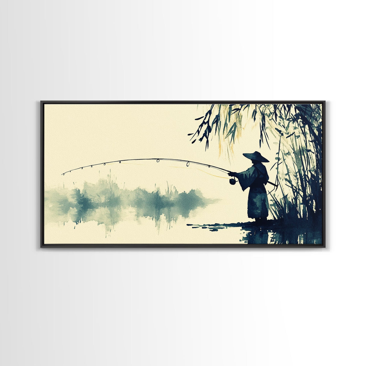 Watercolor Painting Print of a Fisherman - Elegant Japanese Style Artwork - Framed Canvas Print Ready to Hang - Coastal Wall Art - Fishing Gift