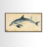 Retro Minimalist Dolphin Painting, Dolphin Home Decor, Framed Canvas Print, Nautical Decor, Elegan Japanese Style Artwork, Wabi Sabi Art